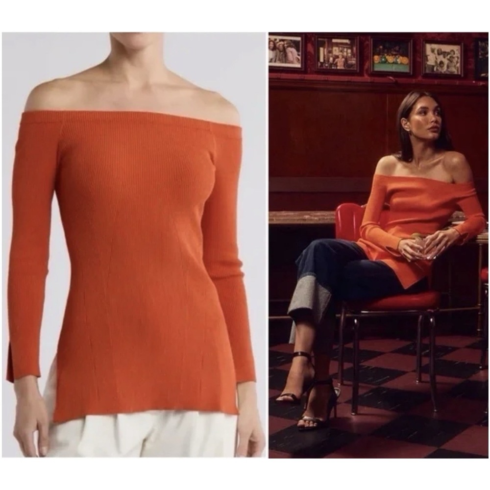 Veronica Beard Women Size‎ XS Derick Ribbed Off-Shoulder Pullover Deep Orange